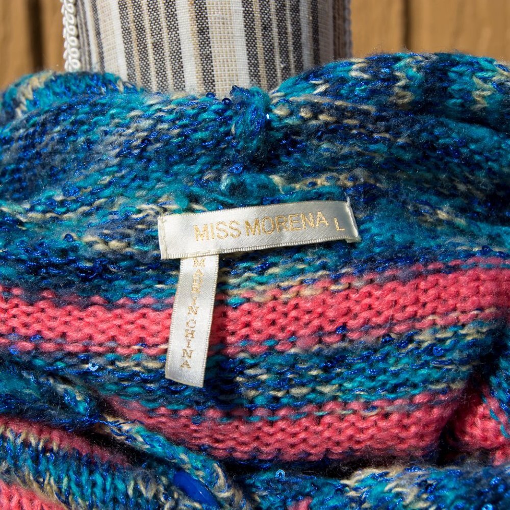 Miss Morena Hooded Cardigan Sweater Large Blue & Coral - Picture 5 of 8